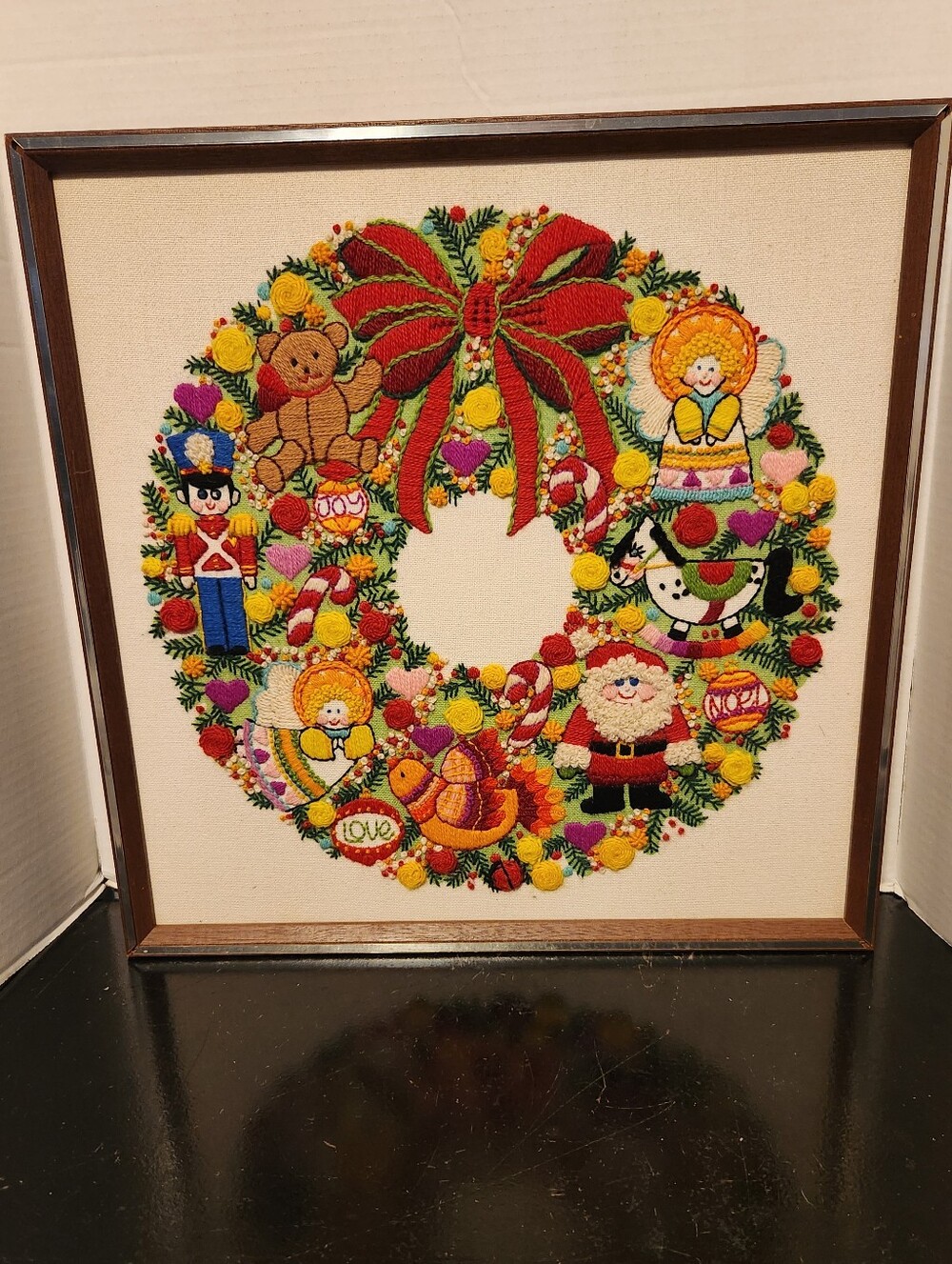 Vtg CHRISTMAS Toys Handmade Colorful Framed Wreath Needlepoint Wall ART 19x18
